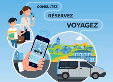 Affiche graphique de promotion du TAD avec personnages, telephone mobile et véhicule de transport